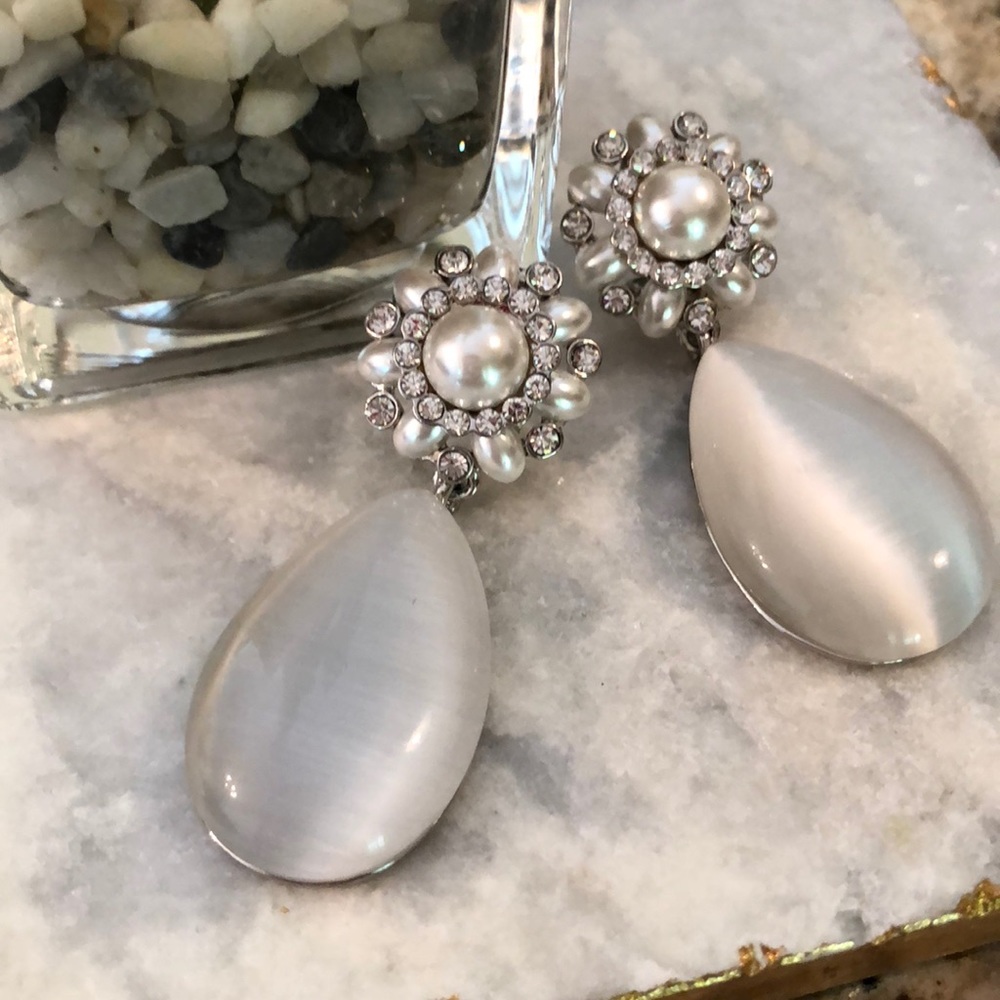❣️Designer❣️Natural Moonstone CZ Faux Pearl Sterling Silver Earrings